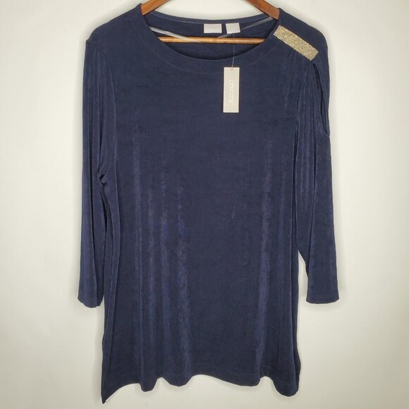 Chico's Tops - Chicos Travelers Womens Cut Out Beaded Shoulder Tunic Top Size 3 US XL Slinky